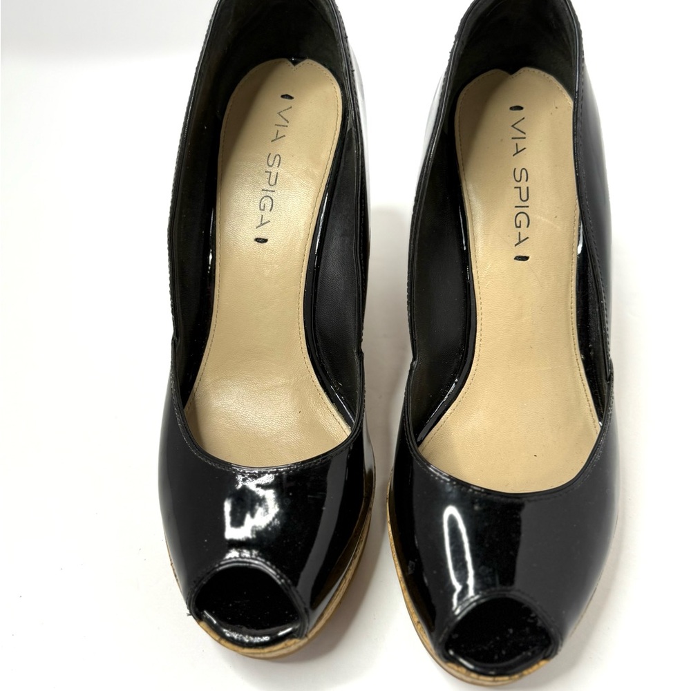 Via Spiga Patent Leather Black Peep Toe Wedge Heels Size 8.5